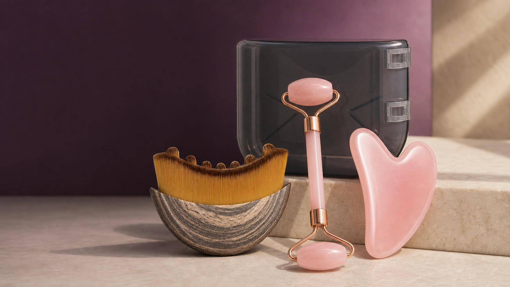Luminora Beauty facial contour brush, roller and massage board on a plum and ivory studio set