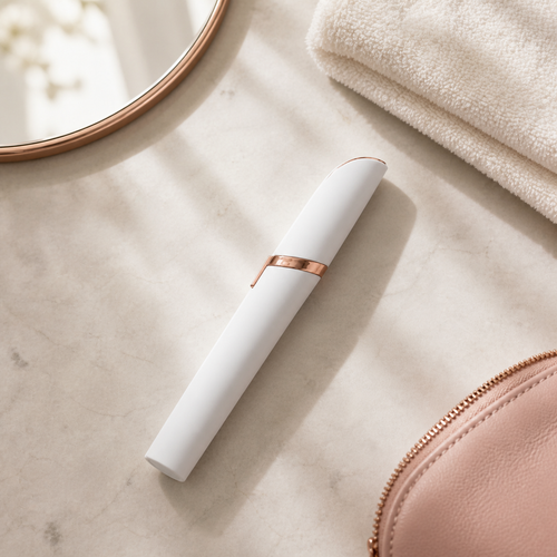 Compact facial trimmer on an elegant beauty vanity